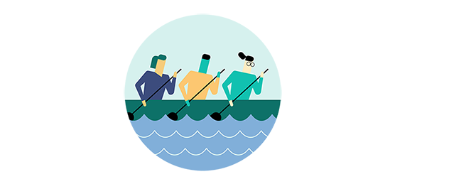 Illustrasjon av ett lag: tre personer som sitter i en båt.
