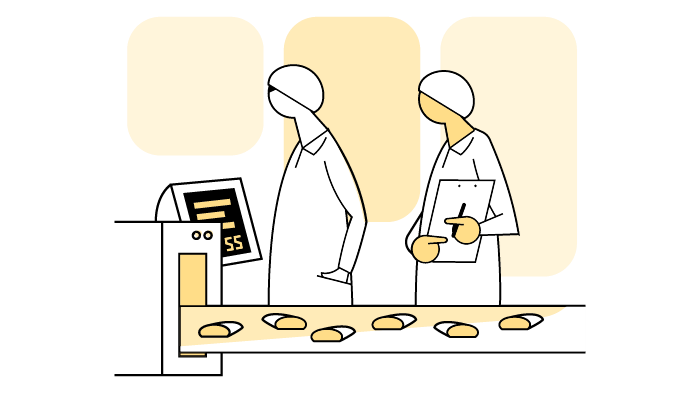 Illustrasjon av to mennesker med hygienebeskyttelse foran en produksjonsmaskin   