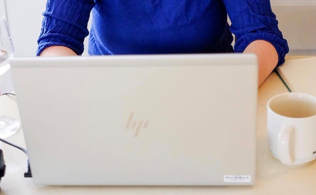 Bildet viser en kvinne som sitter foran en PC-skjerm.